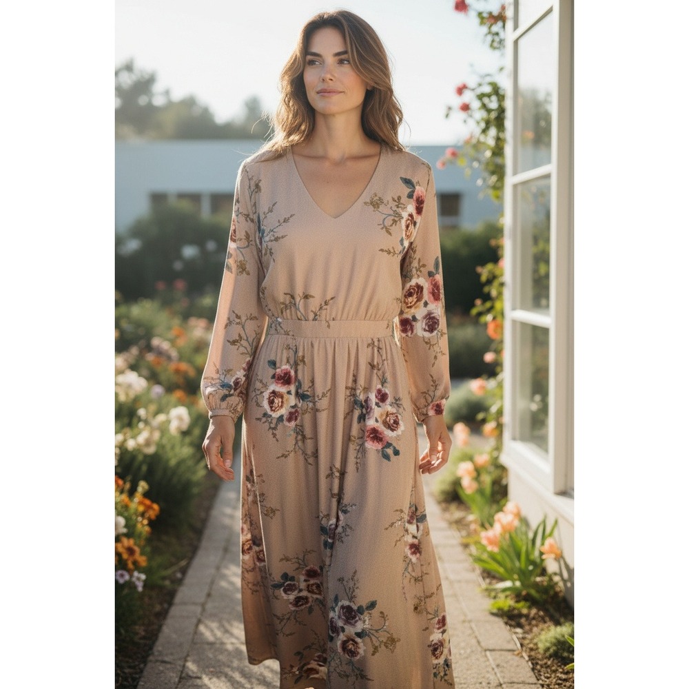 Ashley LeMieux Floral Maxi Dress Tan Boho Romantic Long Sleeve Size M